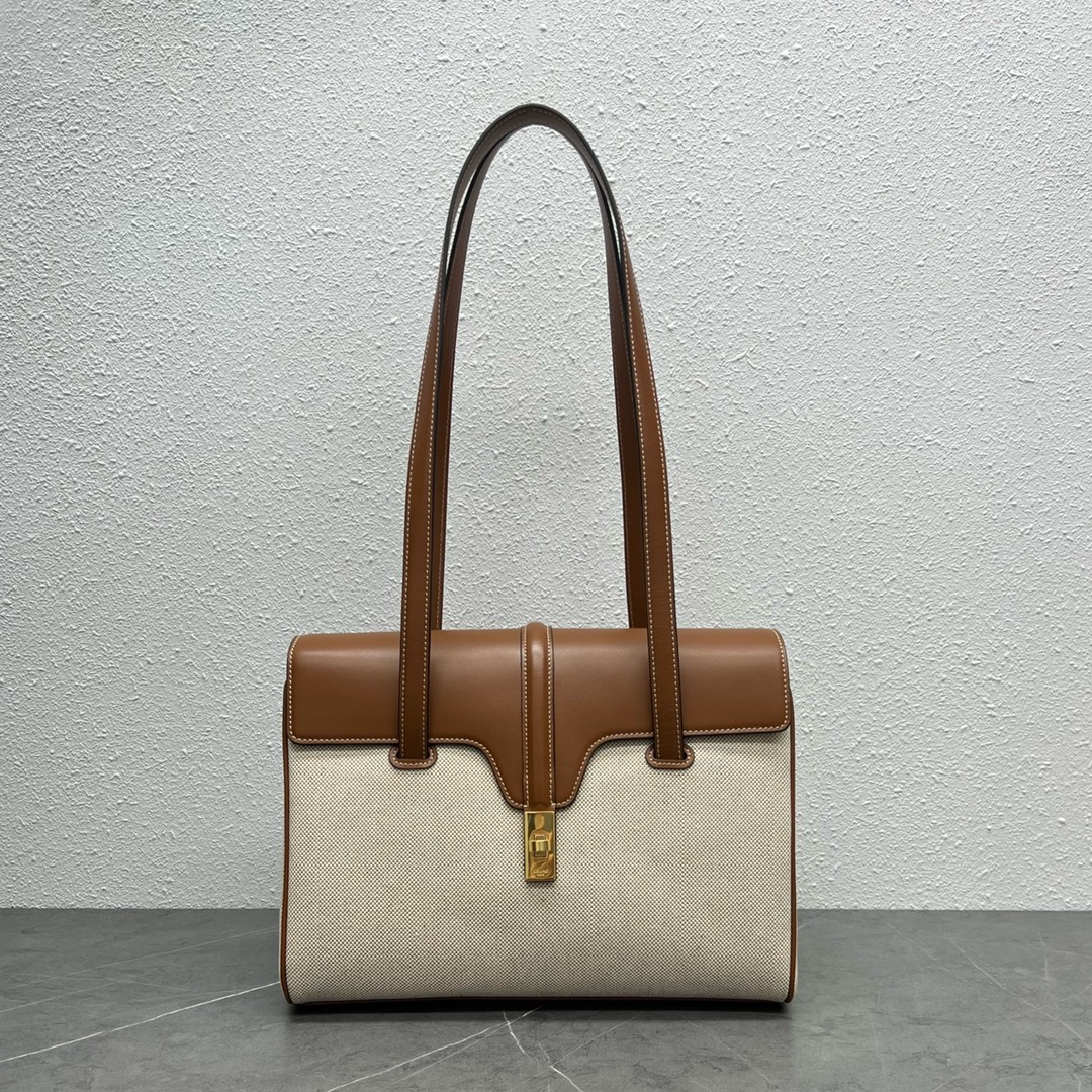 Celine Medium Soft 16 Canvas And Smooth Calfskin Handbag Shoulder Bag Cream/Tan 195543